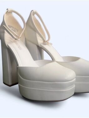 Platform Block Heel Ankle-Strap Pumps in Ivory Dream Paris 11